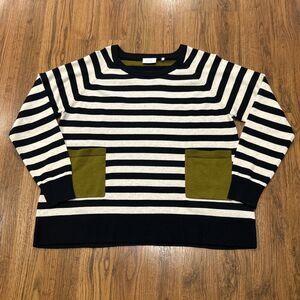 Foil Sweater Womens Large Merino Wool Blend Striped Cream Navy Green Pockets